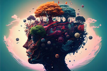 Poster - Generative AI illustration of annual collective mind concept art, exploding mind, inner world, dreams, emotions, imagination and creative mind