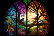 Generative AI illustration of luminous stained glass window showing the annual progression of the seasons: spring summer autumn winter