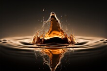  A Liquid Splashing Into A Body Of Water With A Black Background And A Gold Color Splashing On The Surface Of The Water, With A Black Background And White Border, And A.