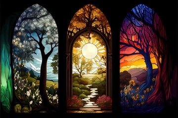 Generative AI illustration of luminous stained glass window showing the annual progression of the seasons: spring summer autumn winter