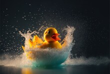 A Rubber Ducky Splashing In A Blue Bowl Of Water On A Black Background With Bubbles And Sprays Of Water Around It, With A Black Background With A Black Backdrop And White Border.