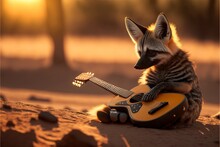  A Small Animal Sitting On Top Of A Sandy Ground Next To A Guitar Player's Head And Neck, With A Forest In The Background, With A Sun Shining Through The Trees,.