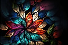  A Colorful Flower With Many Leaves On It's Petals And Petals Are Arranged In A Spiral Pattern On A Black Background With A Black Background That Has A Black Border And A White Border.