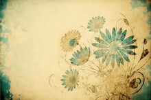  A Blue Flower On A Beige Background With A Grungy Effect To It's Edges And Bottom Corner, With A Blue Flower In The Middle Of The Middle Of The Image, And A.
