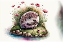  A Hedgehog Sitting On A Rock In A Field Of Flowers And Grass With A Stick In Its Mouth And A Pink Flower In The Background With Pink Flowers And Green Grass And Pink Flowers.