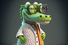 Crocodile 3d Character Using Glasses.Generative AI