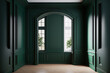 © AkuAku - 3d dark green wall mockup design in an empty room with wooden floor and white high french windows. Generative AI