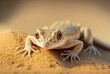 Sand gecko stenodactylus petrii sunbathing on the sand close up. generative AI