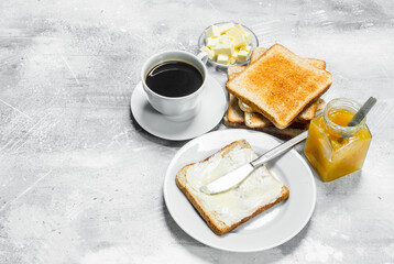 Poster - Toasted bread with butter and hot coffee.