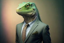Portrait Of A Chameleon Dressed In A Formal Business Suit, Generative Ai