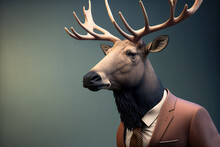 Portrait Of An Elk Dressed In A Formal Business Suit, Generative Ai