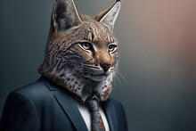 Portrait Of A Bobcat Dressed In A Formal Business Suit,  Generative Ai