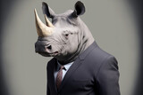 Fototapeta  - Portrait of a rhinoceros dressed in a formal business suit,  generative ai
