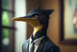 Portrait of a Cormorant  dressed in a formal business suit,  generative ai