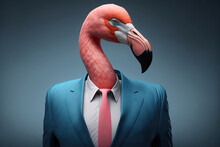 Portrait Of A Flamingo Dressed In A Formal Business Suit,  Generative Ai