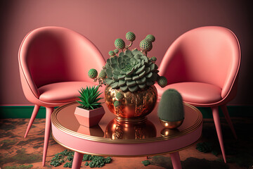 Wall Mural - A small pink porcelain pot containing succulent plants on a circular pink metal table between two velvet armchairs of the same color. Generative AI