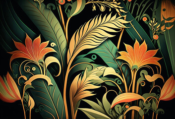 Tropical art nouveu, art deco leaf print design. Generative ai