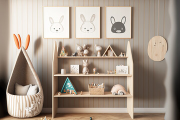 Canvas Print - Children's room mockup wall on a wooden shelf,. Generative AI