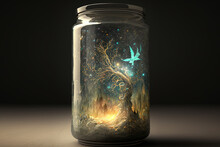 Fantasy Illustration Inside The Glass Jar. Magic Art. Generative AI