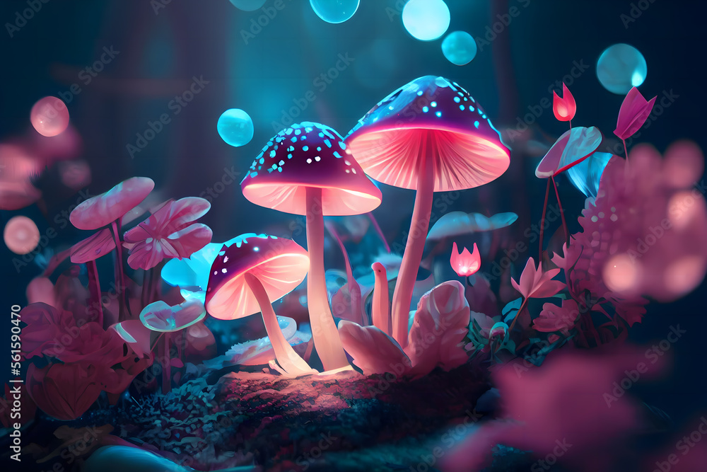 Magical fantasy mushrooms in an enchanted fairy tale dreamy elf forest ...