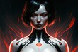 A futuristic anime woman with red eyes in a white space suit on a dark background with red lights, generative ai
