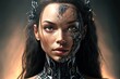 © Dieter Holstein - A futuristic dark-skinned cyborg woman with a half-robot face, brown eyes, black hair, generative ai