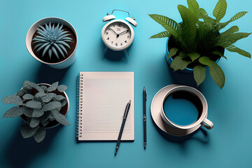 Poster - Notepad, alarm clock, coffee cup, plant, and pen are office supplies that are floating over a desk on a blue wall background. a mockup with copy. Generative AI