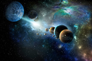 Wall Mural - planets in the row Solar system in the starry universe with copy space Elements of this image furnished by NASA
