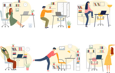 Wall Mural - exercises at work. freelancers making sport exercises at workplace healthy corporate active time rec