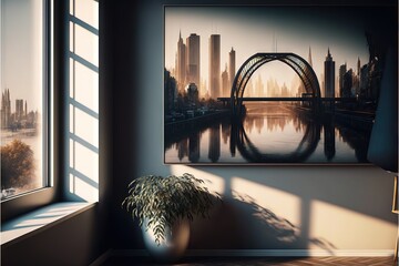 Poster -  a painting of a bridge over a river in a room with a potted plant in the corner of the room and a window with a city view of the river and bridge in the background. generative ai