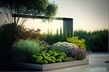  a garden with a variety of plants and trees in it, including cacti and succulents, is shown in a landscape photo with a mirror behind it, and a reflection. generative ai