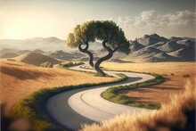 A Painting Of A Winding Road With A Tree On The Side Of It And Mountains In The Background With A Sun Setting Behind It And A Cloudless Sky With A Few Clouds And A. Generative Ai