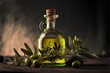  a bottle of olive oil with olives and leaves on a table with a dark background and a few olives on the table with a cork top of olives and a sprig. generative ai