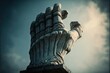  a statue of a hand reaching up into the sky with clouds in the background and a blue sky with white clouds in the background, with a blue sky with a few clouds, and a. generative ai