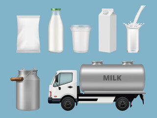 Sticker - Dairy products. Containers for liquid milk food cans jars glass bottles decent vector realistic template collection