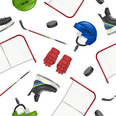 Sticker - Hockey pattern. Gloves helmet stick and hockey pucks decent vector seamless background