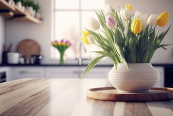 tulips bouquet in vase on wooden table at kitchen, warm light shine bright from behind, idea for spr