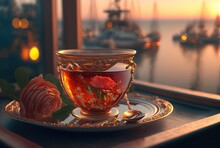 Illustration Of Rose And Herbal Tea With Cityscape Background, Romantic And Luxury Atmosphere, Generative Ai