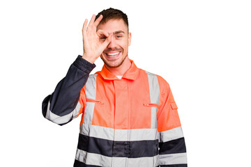 Wall Mural - Garbage man cut out isolated excited keeping ok gesture on eye.