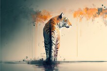  A Tiger Standing On A Surface With Orange And Black Paint Splatters On It's Body And Head, With A Yellow Background Of Orange And Black And White Stripes And Orange, And Black. Generative Ai