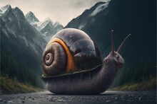  A Snail With A Large Shell Is On A Road In Front Of Mountains And Trees With A Sky Background With Clouds And Stars, With A Yellow Stripe On The Side Of The Snail Is A. Generative Ai
