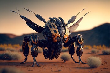 Canvas Print -  a large insect with two legs and two legs on it's back legs, standing in the desert with mountains in the background, and a sunset in the background, with a few. generative ai