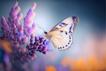  A Butterfly Flying Over A Purple Flower With A Blue Sky Background In The Background Is A Blurry Image Of A Butterfly On A Purple Flower With A Blue Sky Background Is The Background Is. Generative Ai