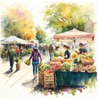  a watercolor painting of a farmers market with people shopping and selling produce on the street side of the market place with tents and umbrellas on the side of the street, and people. generative ai