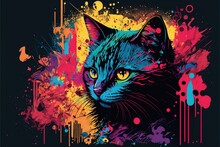  A Cat With A Colorful Background And A Black Background With A Splash Of Paint On It's Face And A Black Background With A White Cat With A Blue, Yellow, Red, Orange, Yellow, Red, And Blue