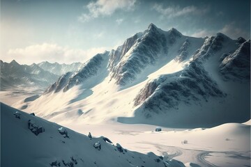 Wall Mural -  a mountain range covered in snow with a car driving on it's side and a sky background with clouds and a few cars driving on the road below it, with a few snow. Generative AI