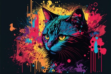 Wall Mural -  a cat with a colorful background and a black background with a splash of paint on it's face and a black background with a white cat with a blue, yellow, red,  generative ai