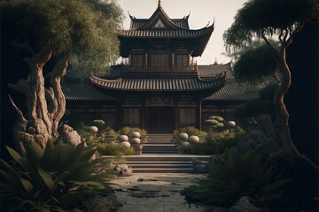 Poster -  a building with a lot of trees and bushes around it and a path leading to it with a lot of balls on the ground and a path leading to the building with a lot of trees. generative ai generative ai