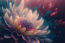  A Large Flower With A Purple Center Surrounded By Water Droplets And Bubbles On A Dark Background With A Pink Center And Blue Center, With A Green Center And White Center, With A Few. Generative Ai
