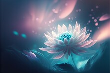  A Large White Flower With A Blue Center Surrounded By Water Droplets And Bubbles On A Blue Background With A Pink And Blue Hued Background With A Blue Hued Area With A Few Bubbles. Generative Ai